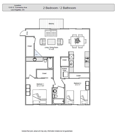 Floor plan for 2 beds, 2 baths, 1532 sqft